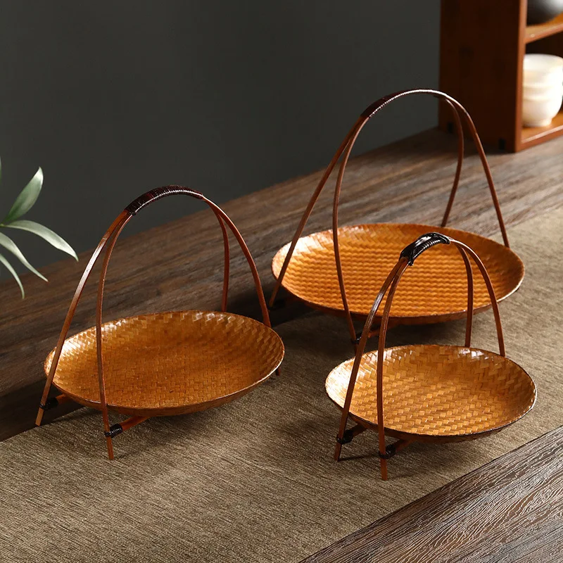 

Handmade bamboo basket with handle, Chinese retro tea set, lacquer woven storage box, home, hotel, portable pastry tray