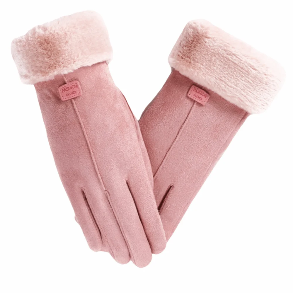 Guantes gruesos de ante a prueba de viento, manoplas suaves con dedos completos para pantalla táctil, guantes cómodos y cálidos para mujer, guantes de invierno para niñas