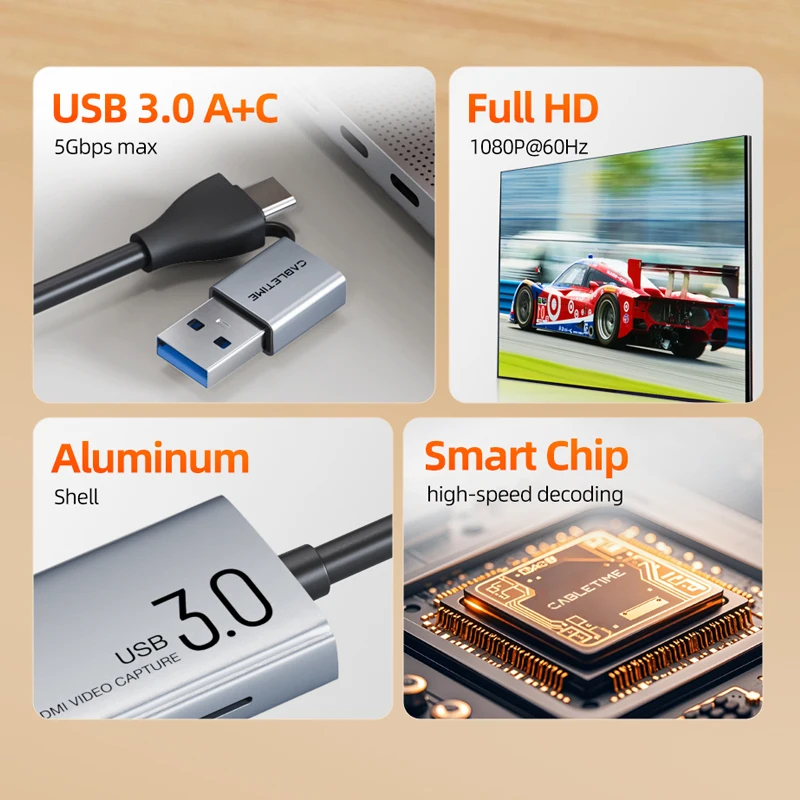 CABLETIME Карта видеозахвата USB 3.0 4K HDMI к USB/USB-C HDMI Видеозахват Коробка для ПК Компьютер Камера Живые игры