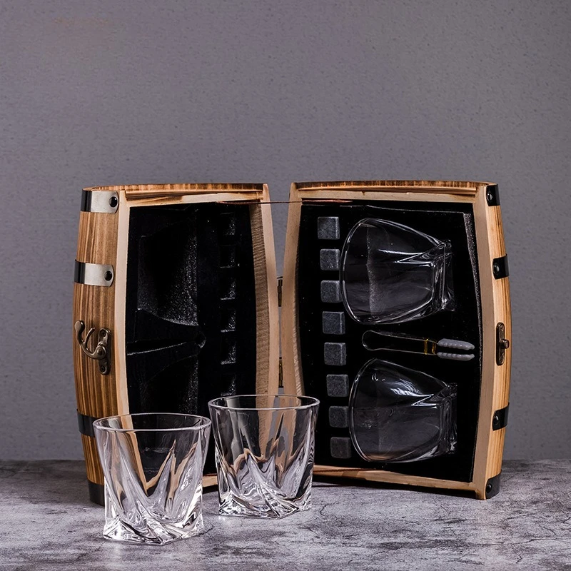 Pine old ice wine glass packaging wooden box gift box ice wine stone wine barrel set 3
