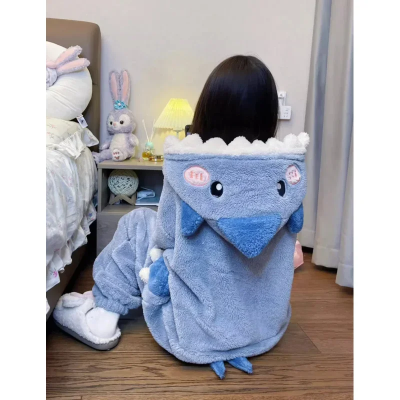 Women's shark pajamas cartoon cosplay costumes flannel hooded sleepwear female pijama jumpsuit homewear pyjamas party loungewear