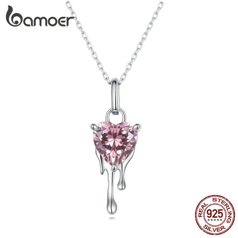 Bamoer 925 Sterling Silver Sparkling Heart Pendant Necklace for Women Simple Silver Necklace Engagement Fine Jewelry