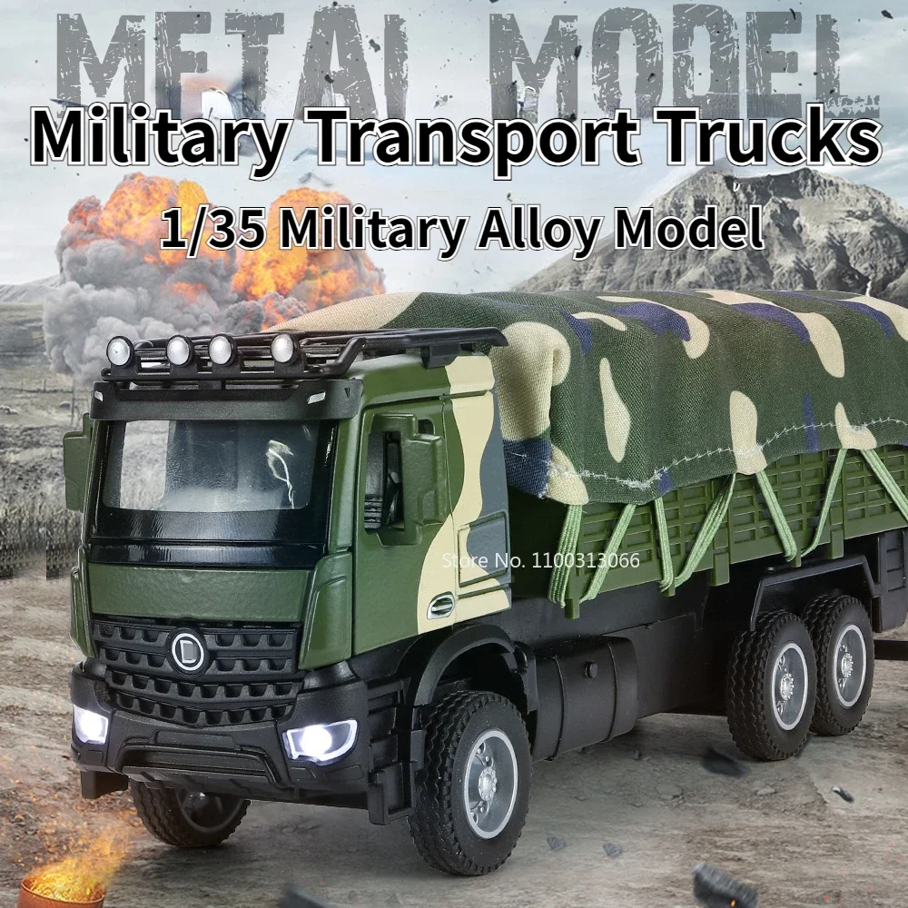 1:35 Miniature Model Toy Military Transport Vehicles Metal Diecast Pull Back Sound Light Doors Opened Simulation Trucks Presents