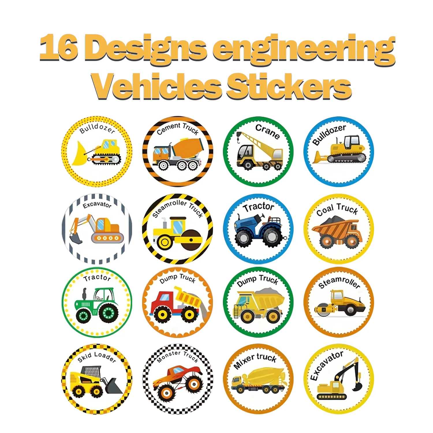 1Roll(500Pcs) Various Cartoon Engineering vehicle Stickers 1 Designs Decals Teacher Reward Labels School Supplies Gift Package