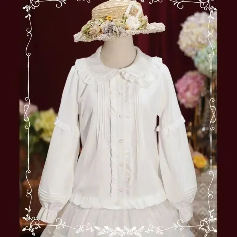 Wit damesoverhemd met lange mouwen Camisas De Mujer Lolita-stijl Kraag Zoete blouses Leuke ruches Japanse blouse Tops