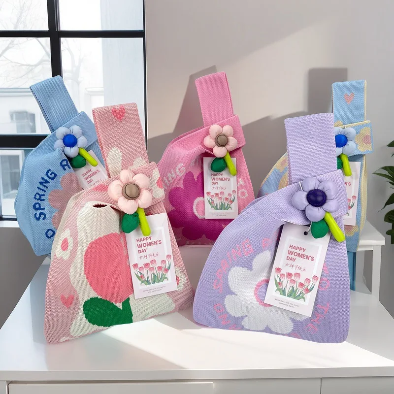 Cute Flower Spring Story Knitted Bag Woman Korean Version Foldable and Reusable Commuting Portable Large Capacity Knitted Bag