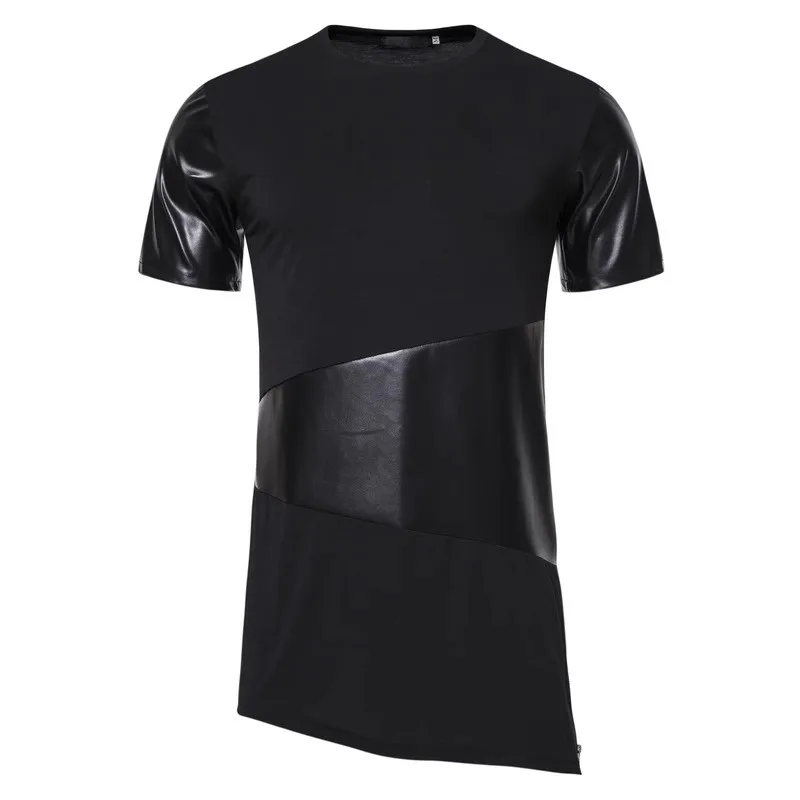 PU Leather Patchwork Side Zipper T Shirts for Men Summer Steampunk Casual Hip Hop Longline Streetwear Mens Camisetas Tops Tee