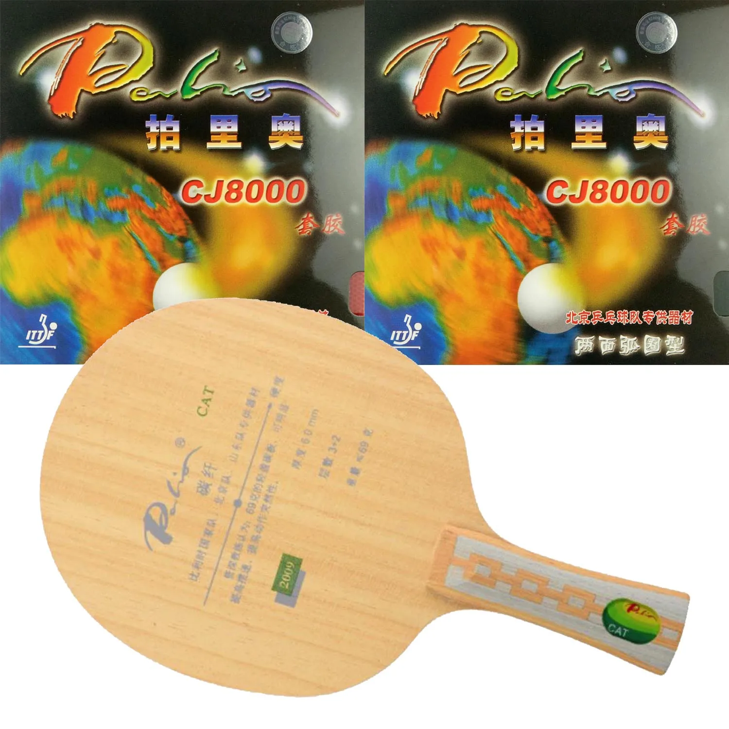 

Pro Combo Racket Palio CAT table tennis blade with 2x Palio CJ8000 2-Side Loop Type pingpong rubber with Sponge Hardness: 36-38