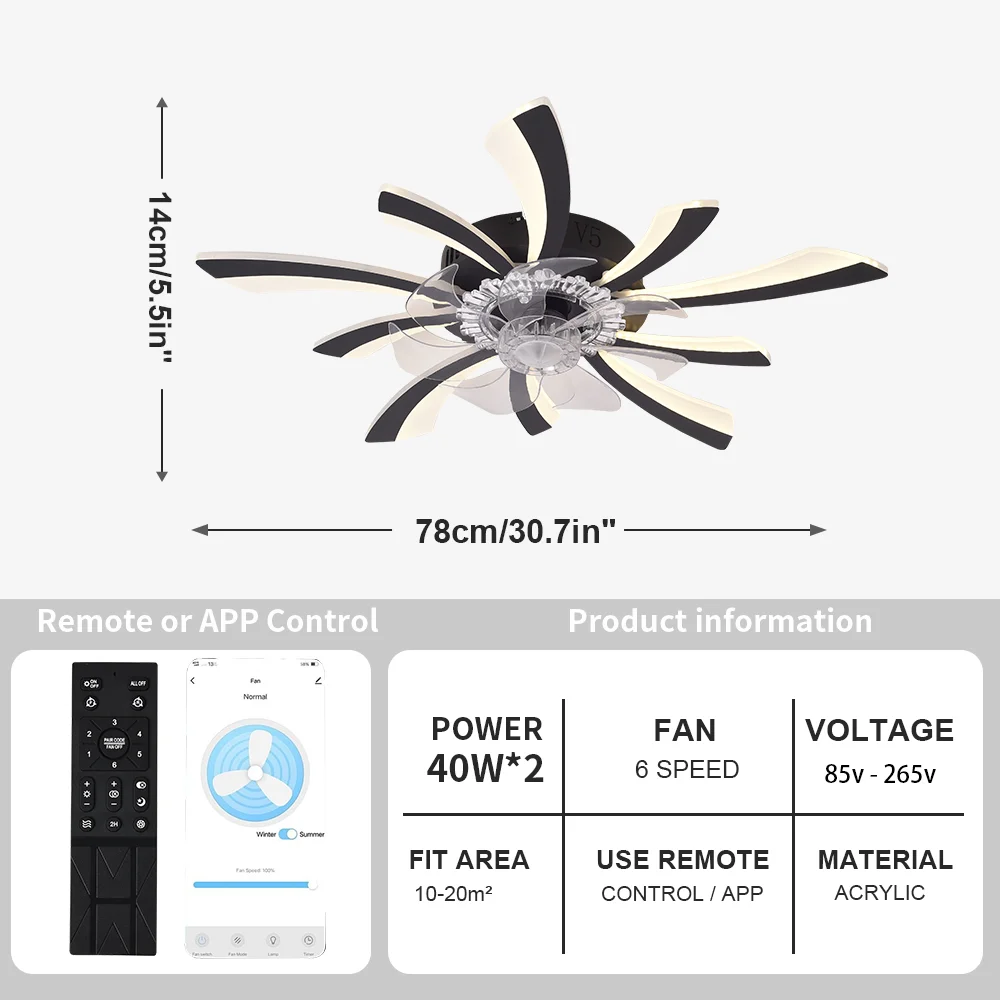 Ventilatore da soffitto dimmerabile con luce e telecomando, ventilatore da soffitto montato con luci a LED, APP e telecomando, moderno,