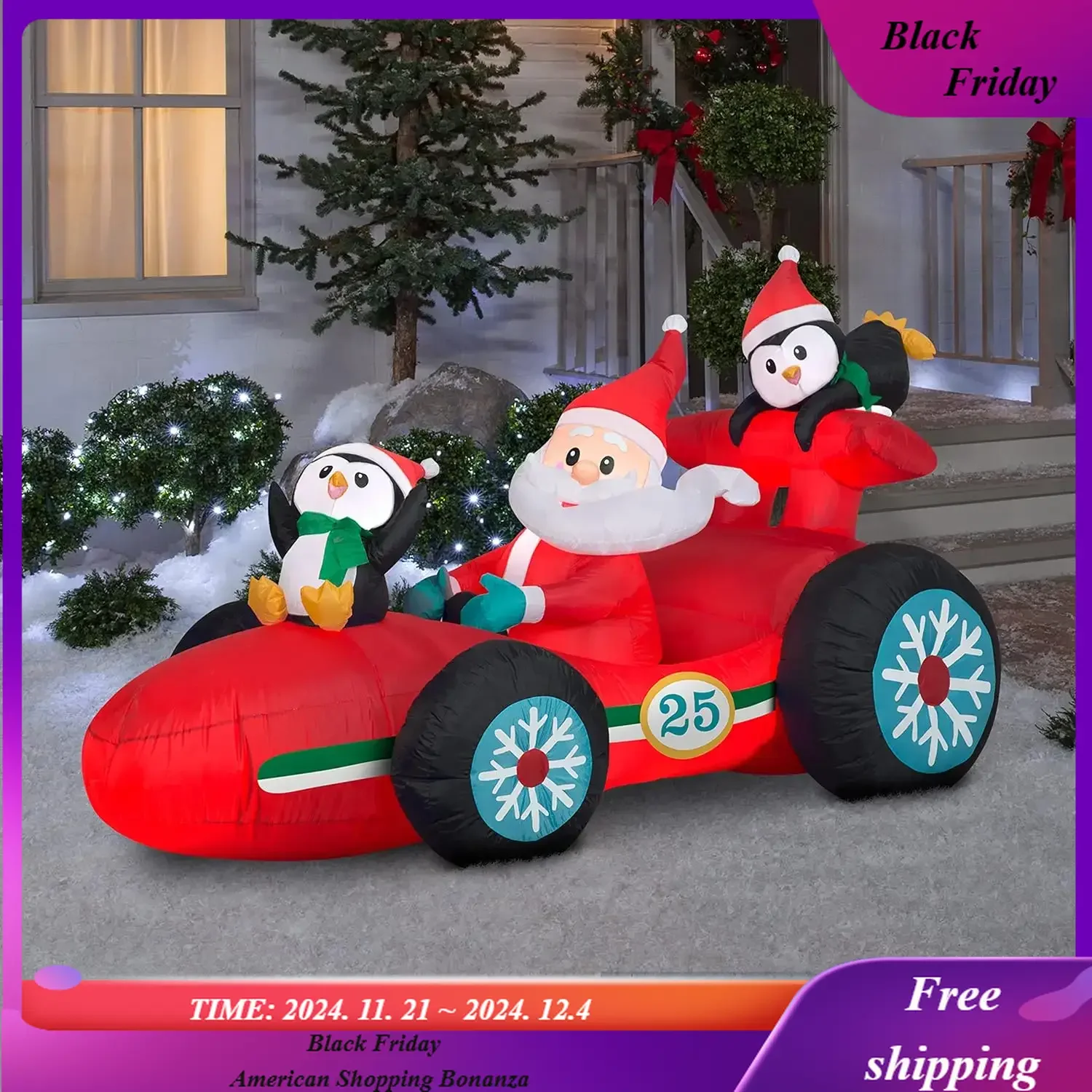 Christmas Airblown Inflatable Inflatable Santa's Racecar with Penguins, red