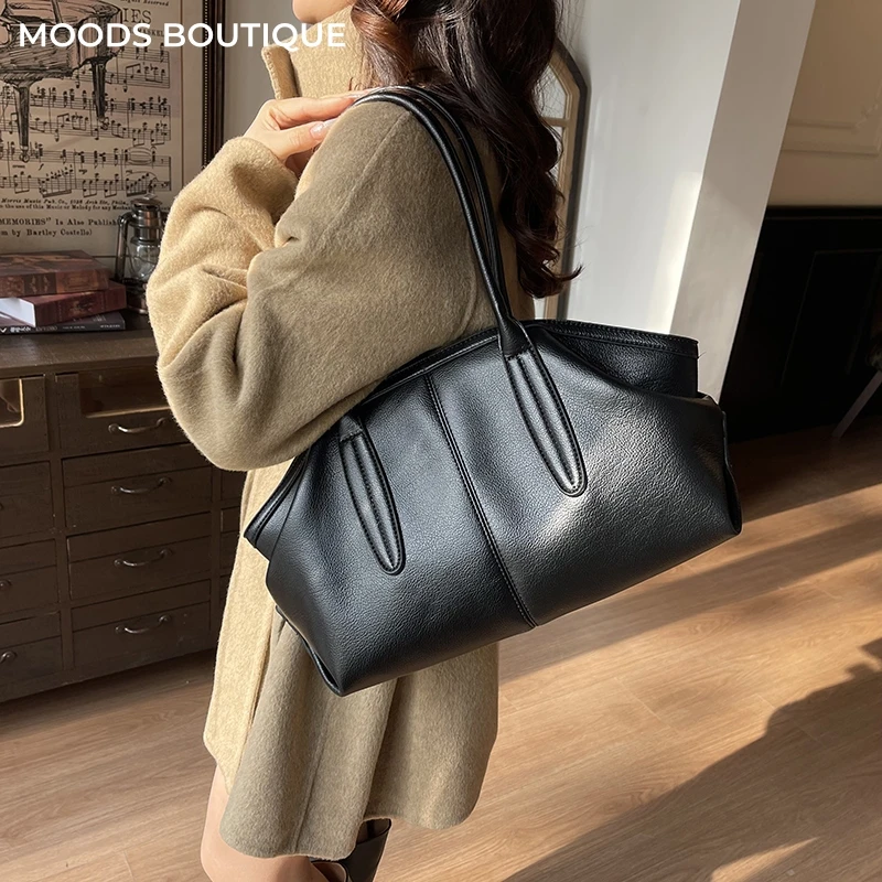 Moods Retro Unterarm-Schultertasche für Damen, Austern-Design, große Kapazität, Achseltasche, veganes Leder, einfarbige Pendler-Handtasche