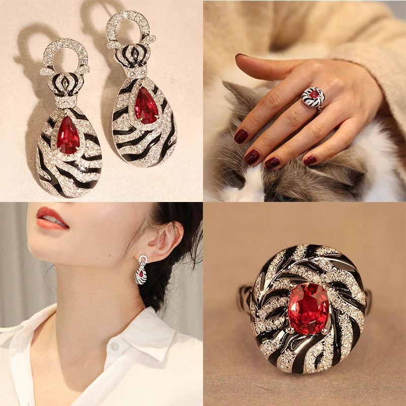 Foydjew 2023 New Trend Modern Retro Zebra Pattern Ruby Jewelry Sets European American Fashion Leopard Rings Drop Earrings