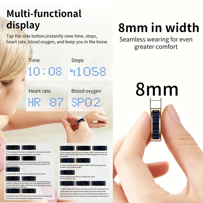 SR16 الفولاذ المقاوم للصدأ الذكية حلقة شاشة عرض المكالمات تذكير اللياقة البدنية خواتم ذكية IP68 مقاوم للماء الأكسجين في الدم معدل ضربات القلب #3