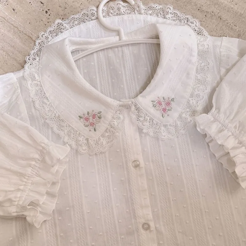 Blusas Mujer De Moda 2024 Vintage Peter Pan Collar Embroidery Flower Kawaii Shirts  Single-breasted Age Reducing Lace Blouses