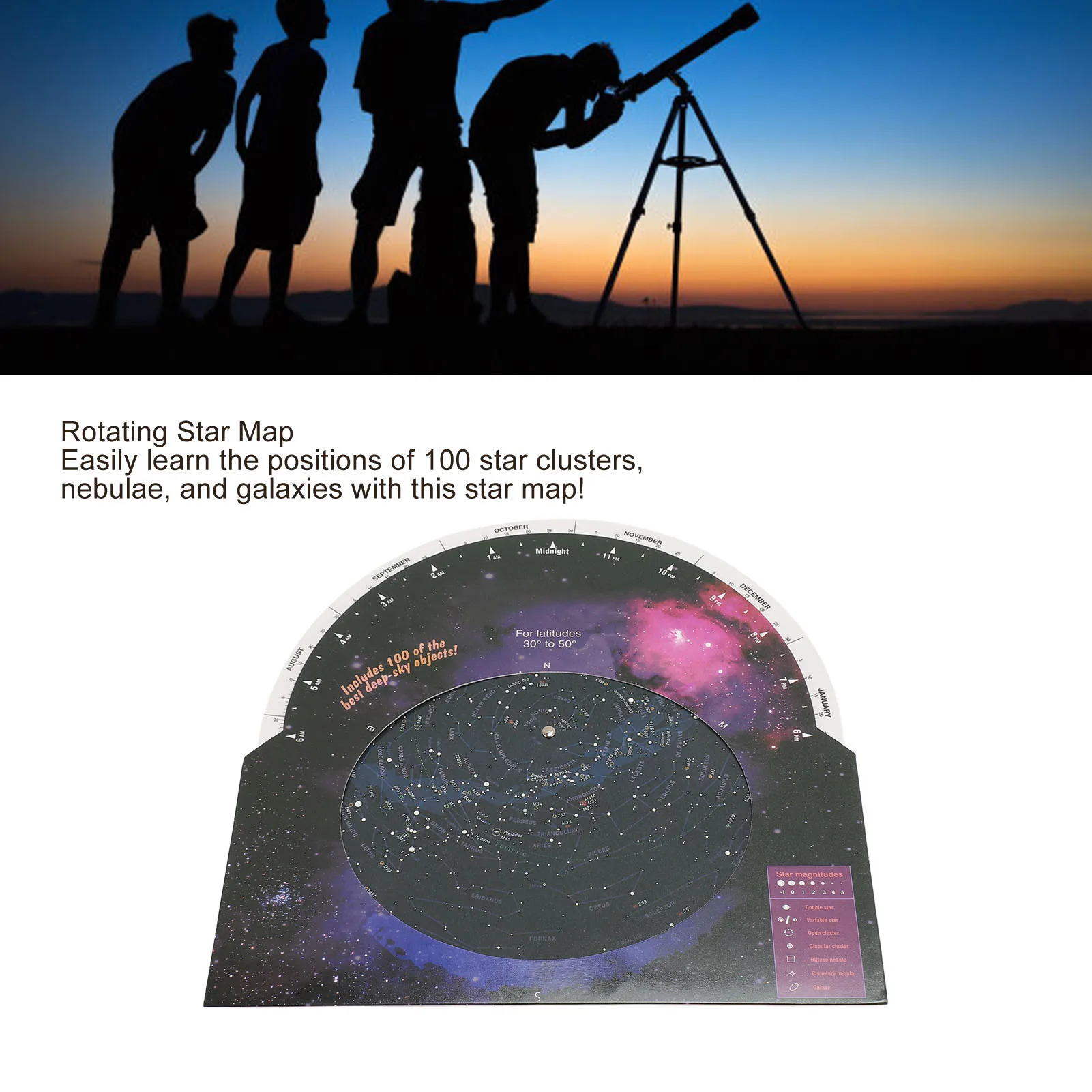 Star Map Rotating Direction Finder, acessório telescópio leve, educacional para 30-50 graus norte Latitude