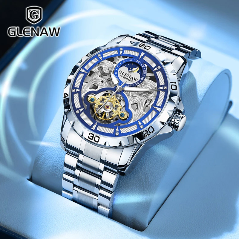 

GLENAW Design New Lunar Phase Mechanical Watch Men's Stainless Steel Strap business Night Light Waterproof Fully Automatic Watch