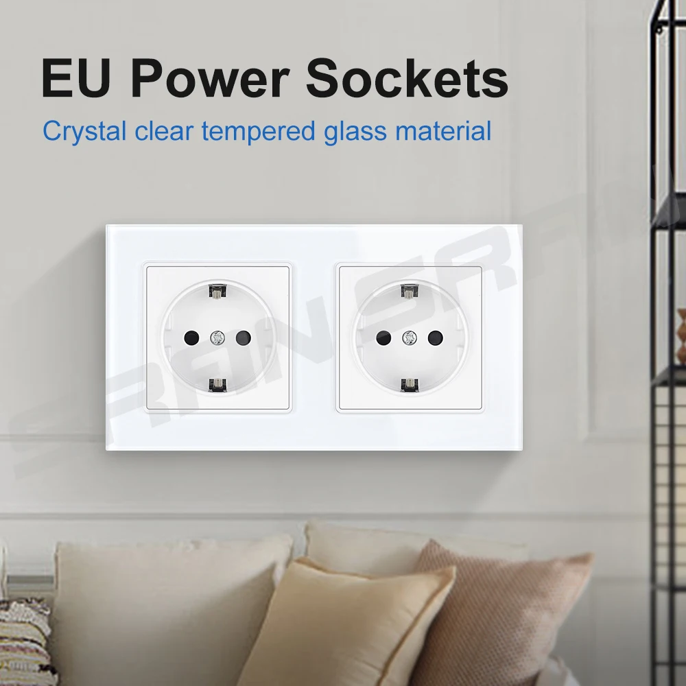 VISWE EU Electrical sockets 220V 16A Standard Grounding 153*82mm Tempered Glass Panel 2 Gang Russia Spain Wall outlet