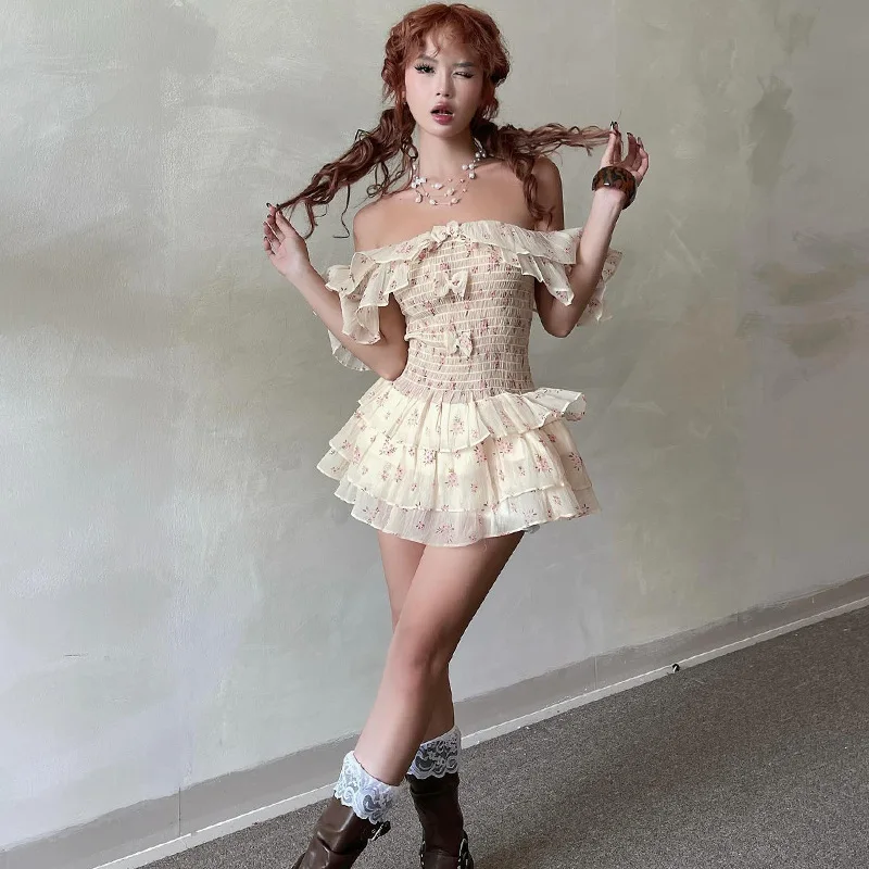 INSサマーファッション レディース セクシー オフショルダー ミニドレス プリント スイートボウ ショートドレス シルクケーキシャツ コケテル カジュアル Y2K服