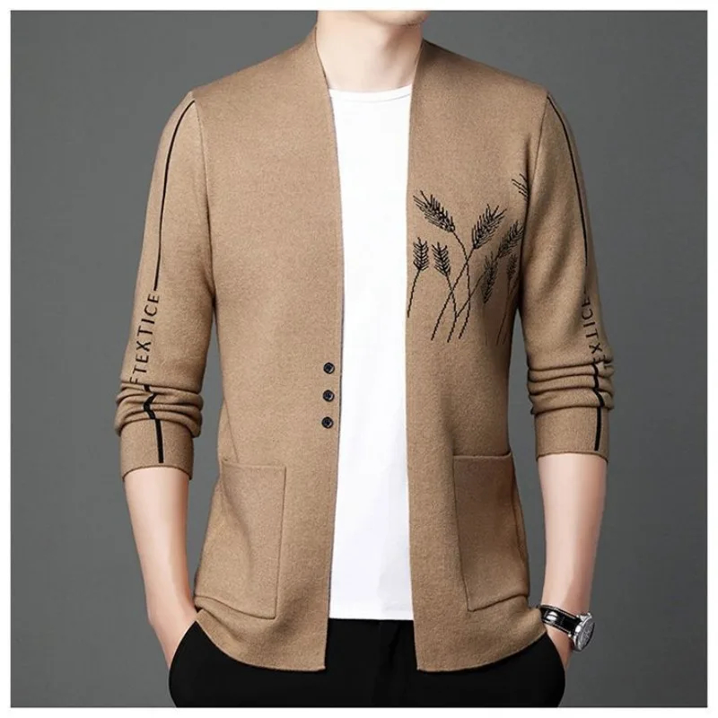 Spring Autumn Men's Button Letter Pockets Tasselled Embroidery Long Sleeve Cardigan Sweater Knitted Coats Boyfriend Vintage Tops