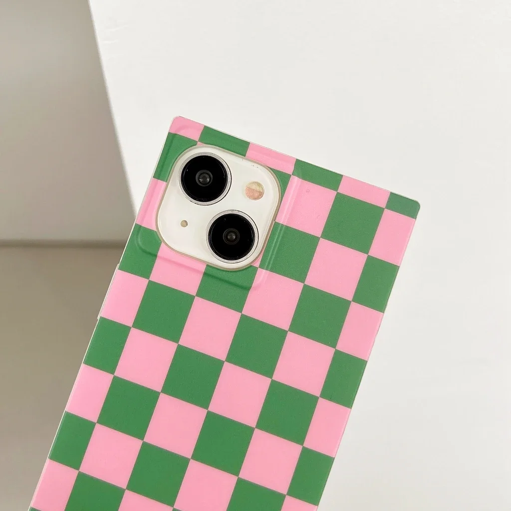 Stylish Rectangle Pink Green Plaid Matte Shockproof Protective Phone Cover Case for iPhone 16 15 14 13 12 Pro Max