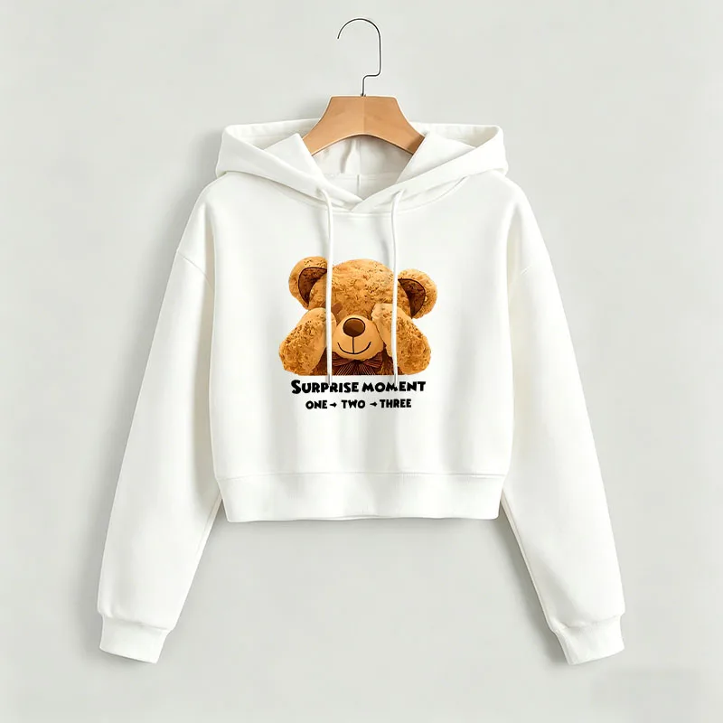 

Funny Cartoon Bear Print Autumn Winter Cropped Sweatshirt Crop Top Hoodie Y2k Sweatshirts Cute Casual Style Clothes
