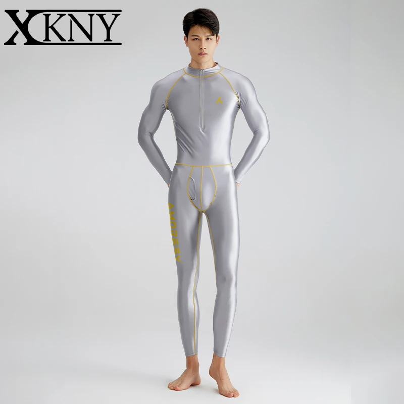 AMORESY Satin glossy men front zipper long-sleeved trousers tights silk smooth surfing suit yoga sportswear  bodysuit