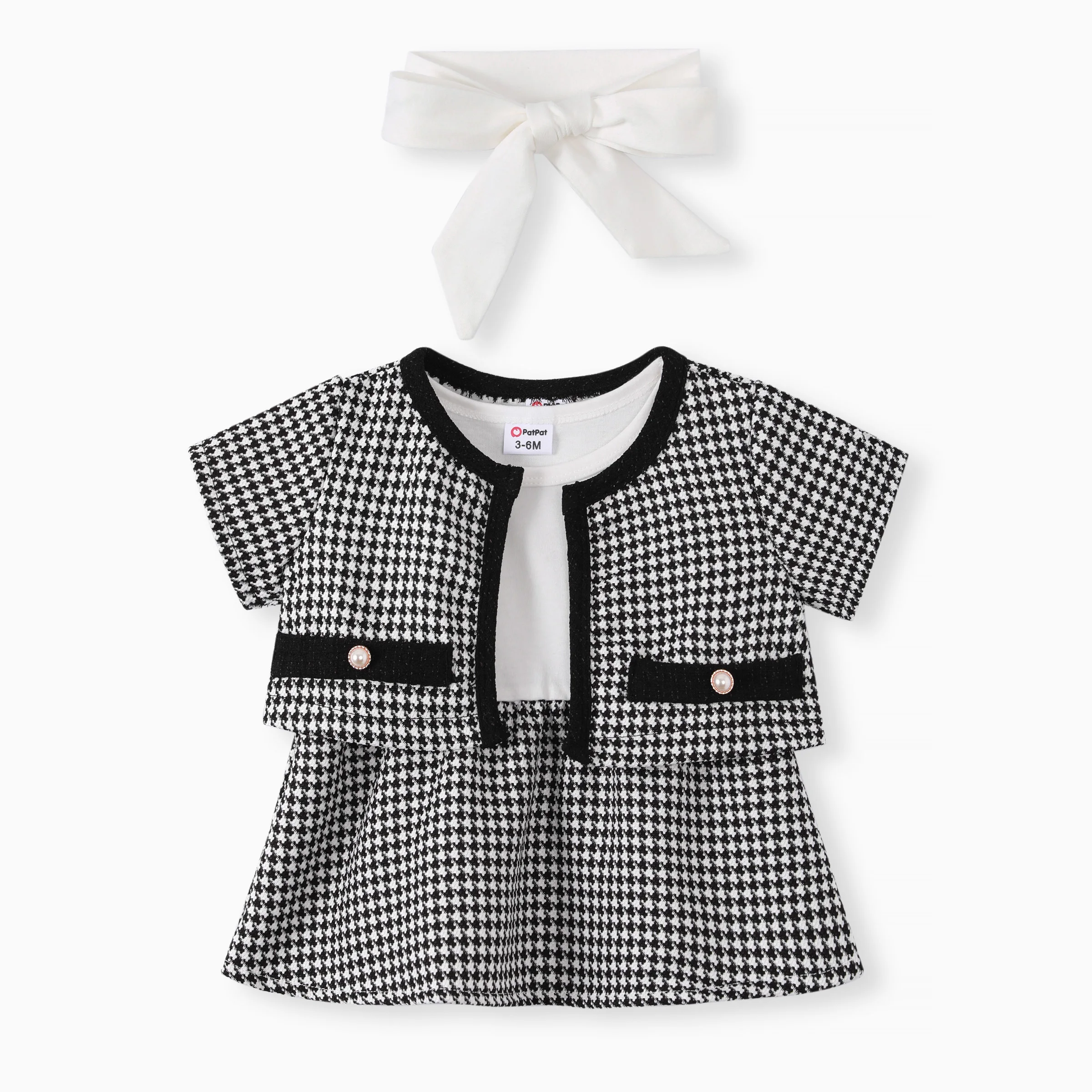 

PatPat Baby Girl 3pcs Houndstooth Print Cardigan and Dress with Headband Set