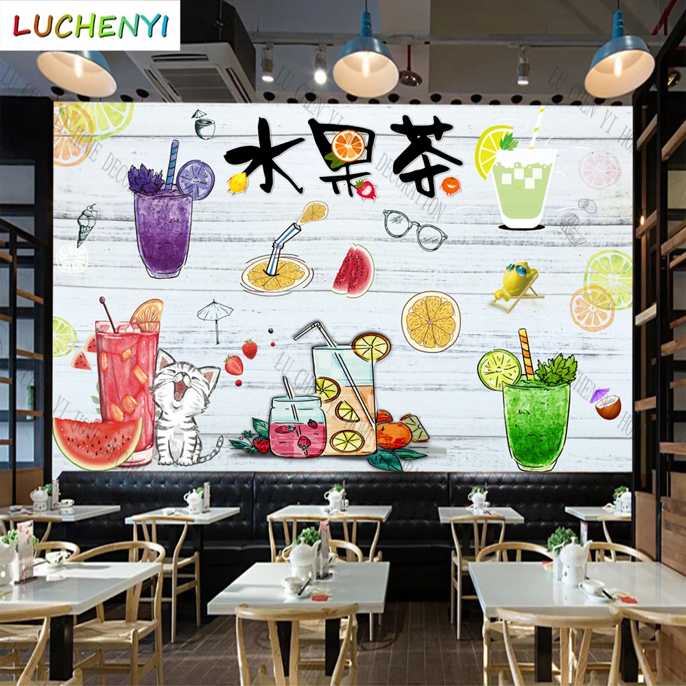 Custom bubble tea fruit tea mural wallpaper restaurant health cold drinking shop dining room wall papers home decor sticker