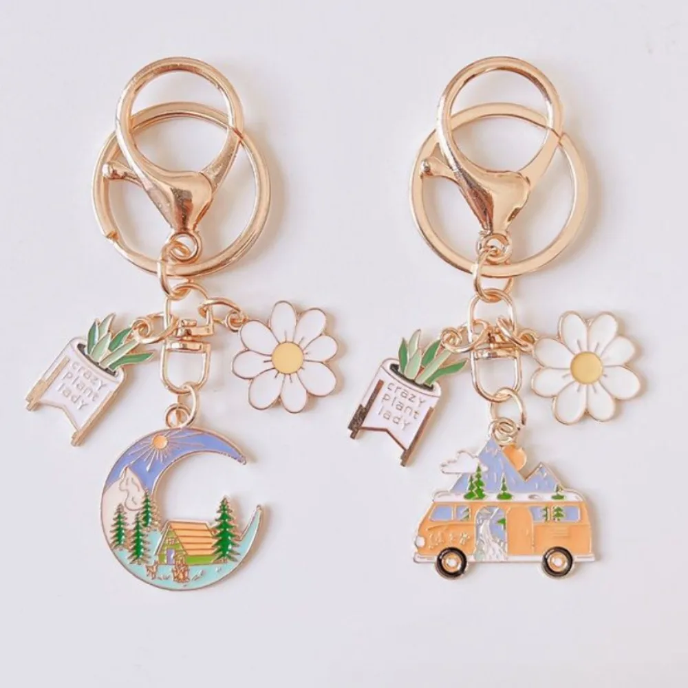 Enamel Moon Car Moon Flower Keychain Sightseeing Bus Key Ring Camping Key Chains for Camper Handmade Jewelry Gifts