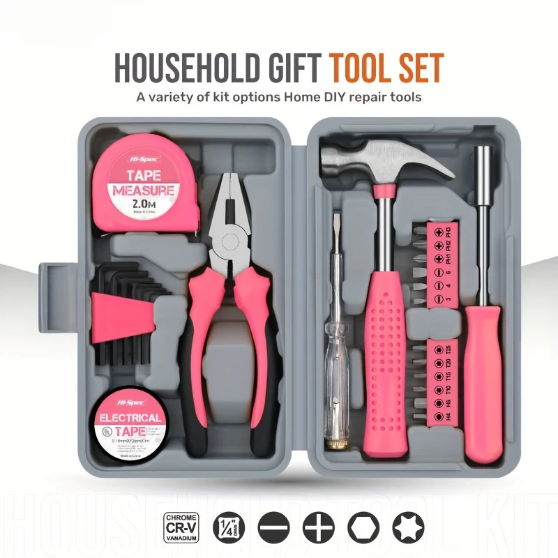 

13pcs pink household manual toolbox, including pliers, tape measure hammers, and other tools, can be used for home repairs.