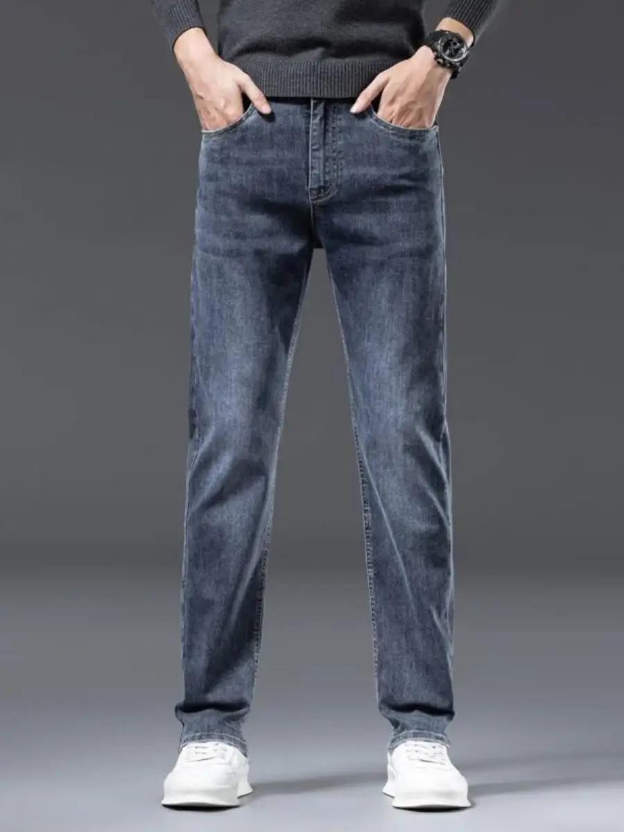 

High-End Men's Jeans Spring Autumn Sle Slim Fit Elastic Straight Casual Busin Wear Resistant Long Pants