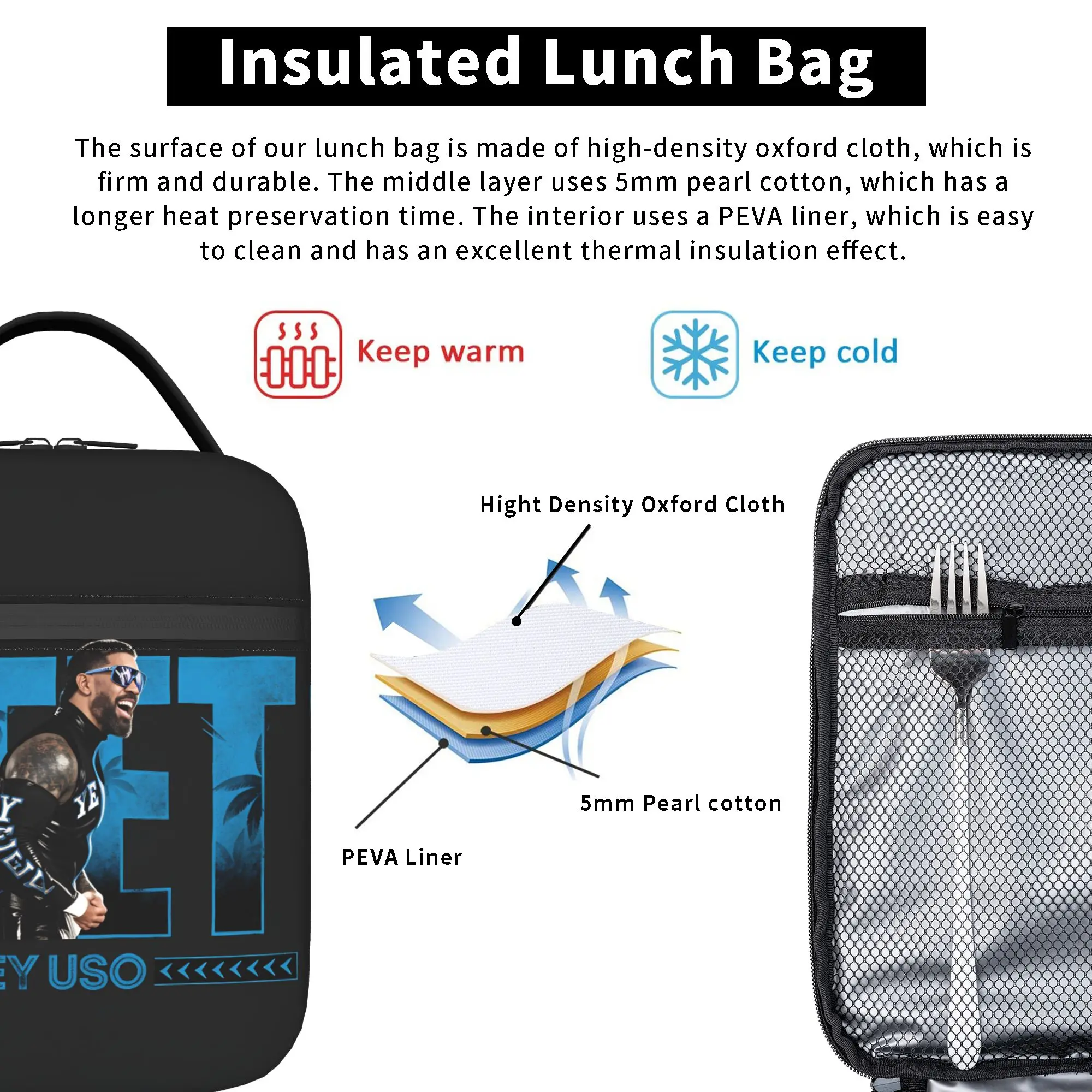 JEY YEET USO Wrestling Lunch Bag Vintage Lunchbox für Mädchen, Büro-Kühltasche, wasserdicht, bedruckt, Thermo-Tragetasche – Detail 5