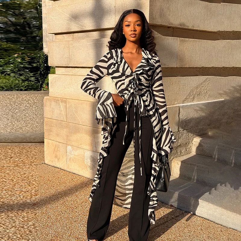 Trendy Zebra Striped Long Blouse Sexy Deep V Neck Tie Front Ruched Flare Sleeve Ruffle Hem Shirt Lady Casual Party Streetwear