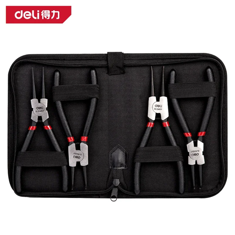 Deli 4Pcs Circlip Plier Set with Storage Bag 7'' Long Nose Plier Inner Outer Staight Bent Plier Retaining Snap Ring Remover Tool