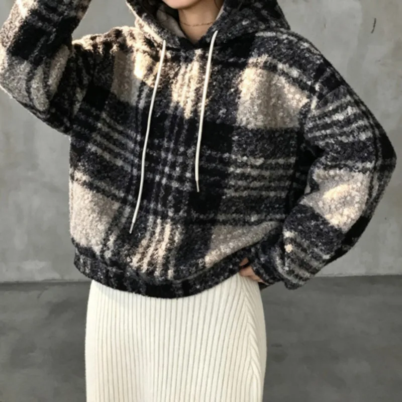 2026 New Women's Autumn And Winter Hoodie Hooded Plaid Contrasting Color Fashion Comfortable Lazy Street Style Versatile Hoodie