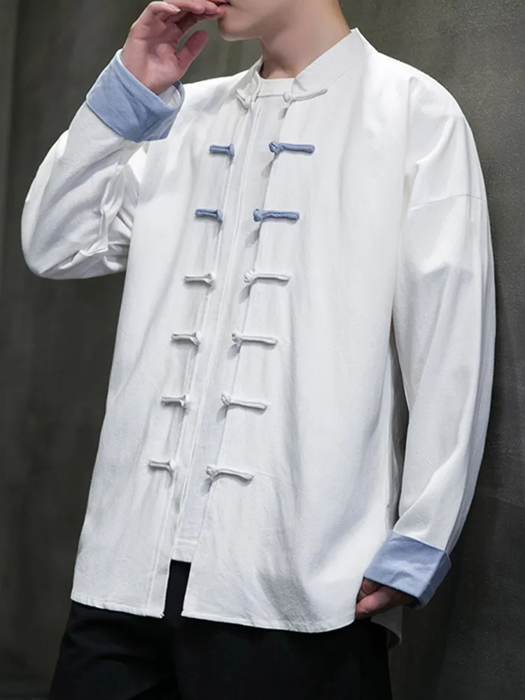 

Льняная мужская рубашка с длинным рукавом, весенне-осенняя, модная, в стиле ретро, китайский стиль Тан, костюм Ханьфу, новый китайский стиль, с воротником-стойкой, на пуговицах