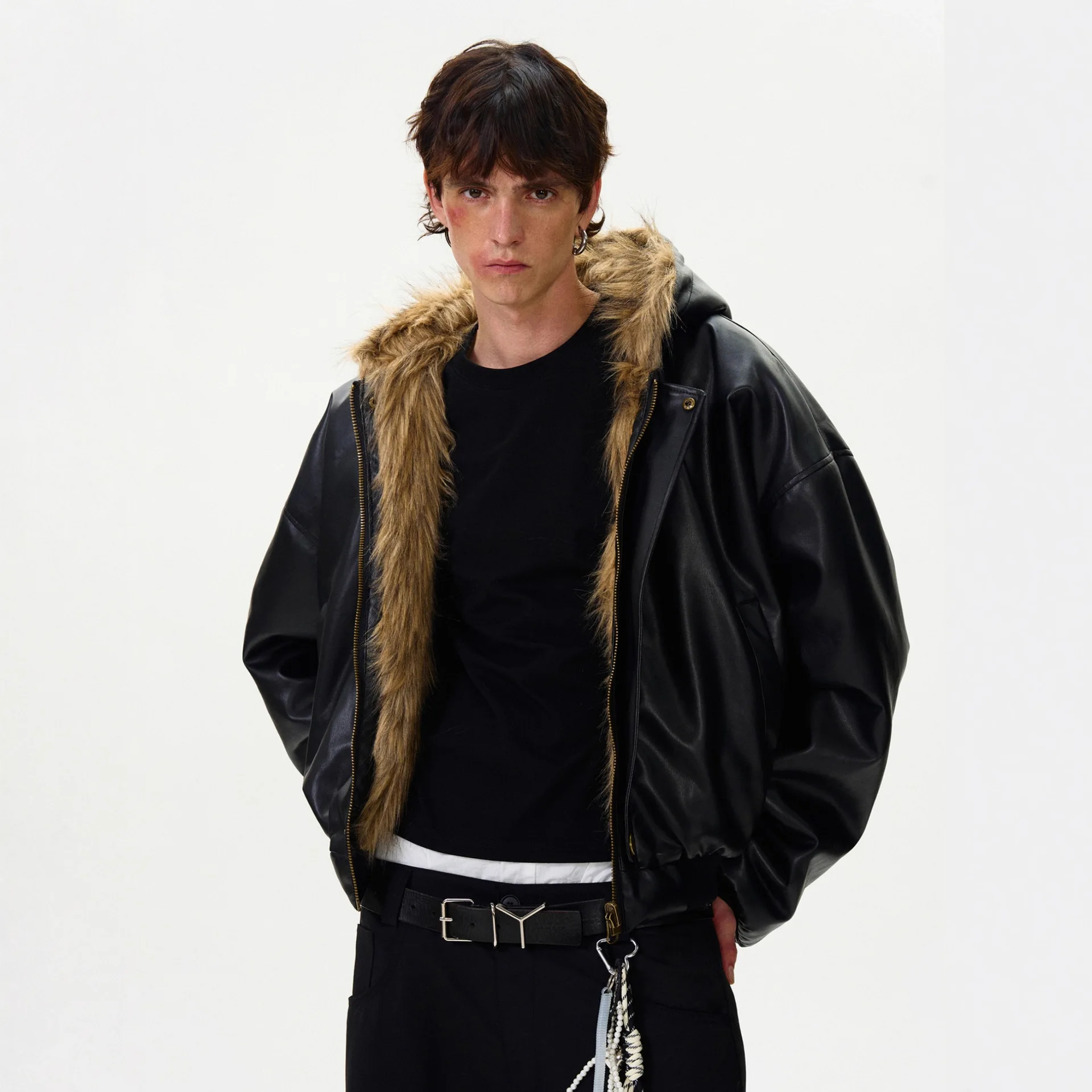 Men's New  Reversible Faux Fur Jacket Winter Hooded Stand Collar Sherpa Lined Warm Cotton Parka