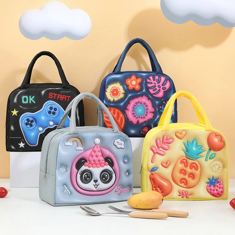 1 قطع ثلاثية الأبعاد الكرتون الأطفال الغداء حقيبة العزل الحراري الألومنيوم احباط مقاوم للماء أكسفورد القماش بينتو حقيبة أدوات المائدة في الهواء الطلق