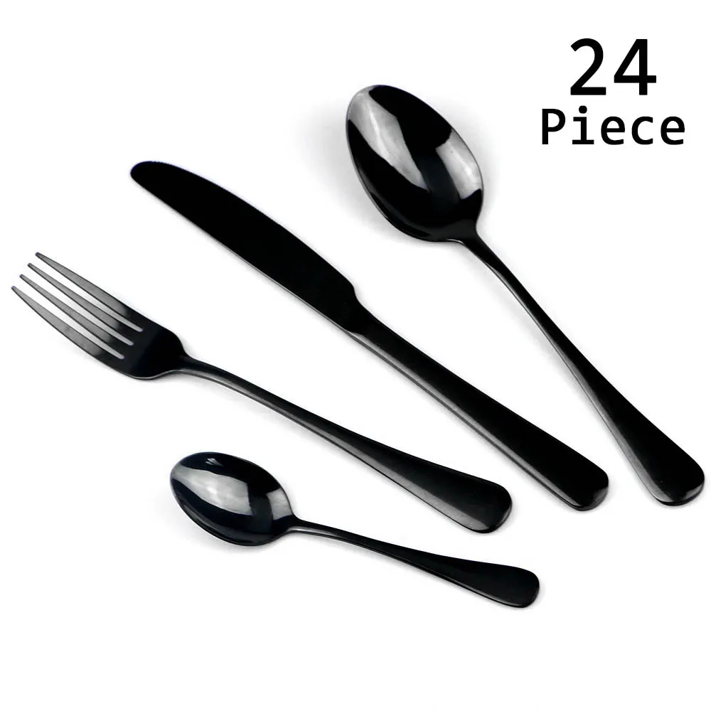 24Pcs Cutlery Set Mirror Black Stainless Steel Spoon Knife Fork Dinner Dinnerware Set Kitchen Western Tableware Dishwasher Safe