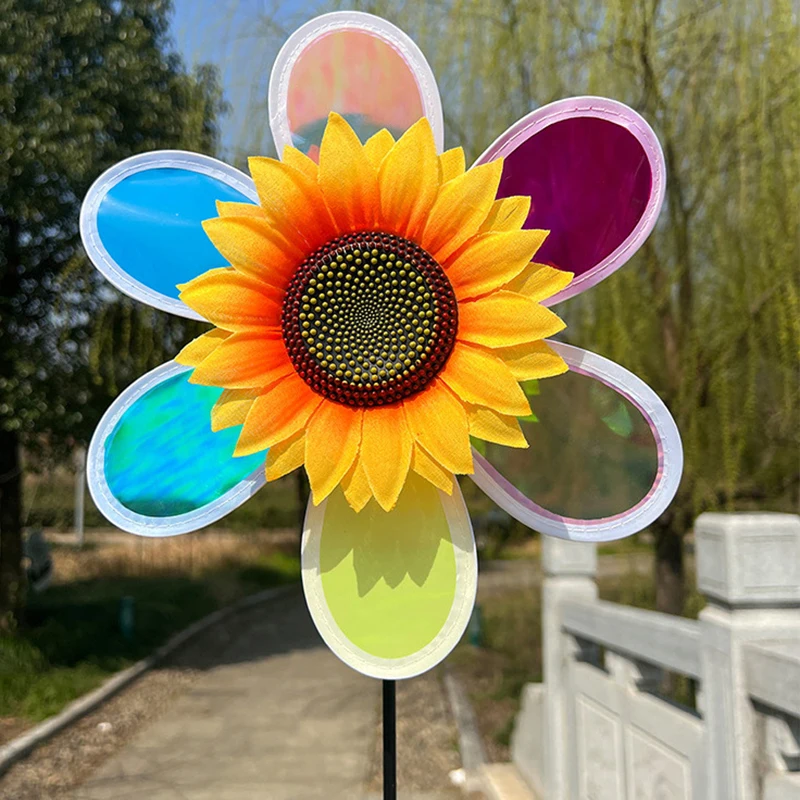 1PC Outdoor Garden Lawn Yard Bird-Scaring Wind Spinner Fruit Garden Reflective Six Color Dazzling Sunflower Windmill Kids Toys