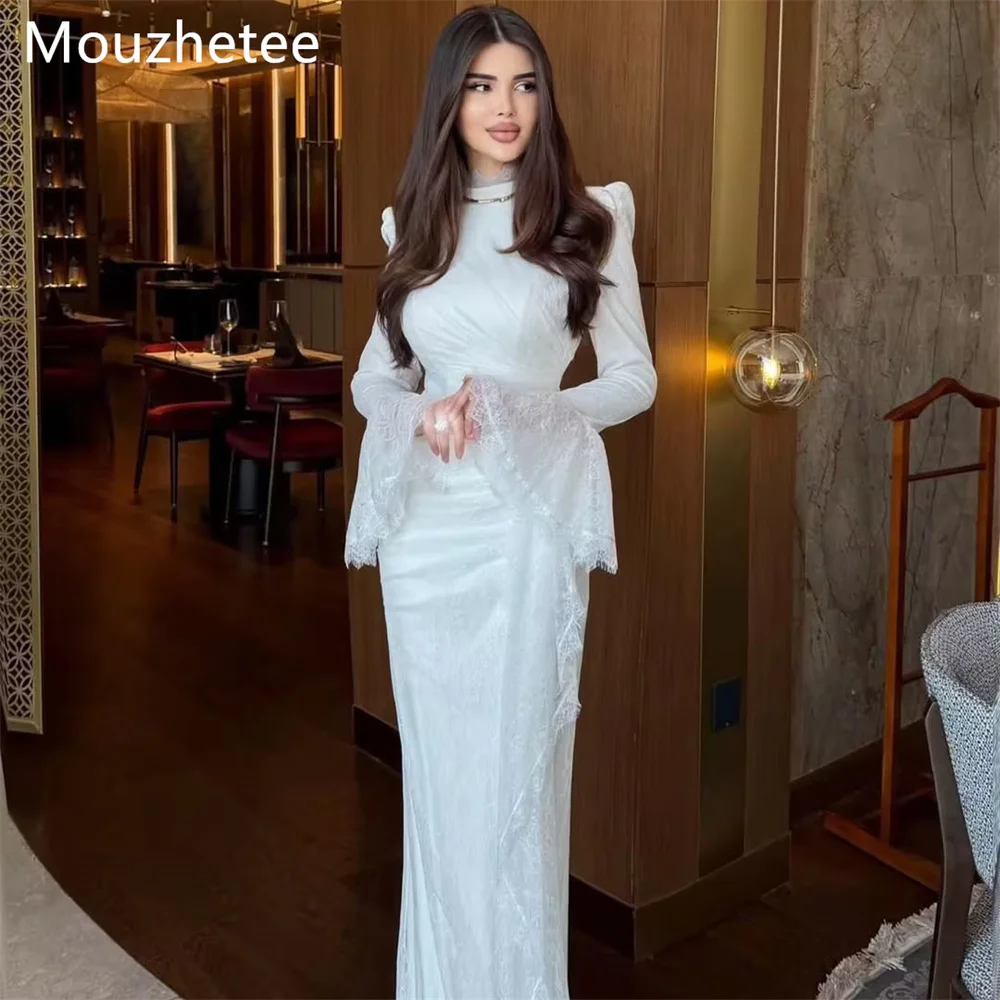 

Mouzhetee Mermaid Elegant O-Neck Lace Wedding Dresses Simple Long Sleeve Pleat Brides Gown Custom Made 2026