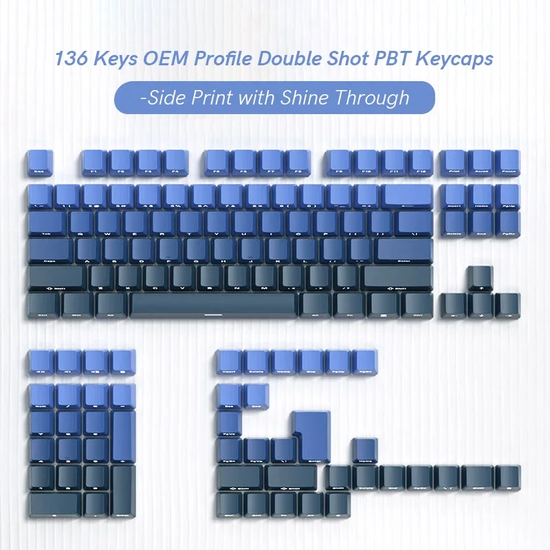 136 Keys PBT Double Shot Keycaps Gradient Blue Side Print Shine Through Keycaps for Gateron Cherry MX Switches Gaming Keyboard