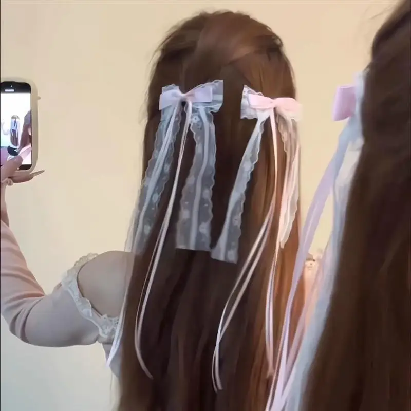 

Заколки для волос в французском стиле с кружевом и бантом, розовые, с цветочным принтом, большие пружинные зажимы для затылка, элегантный девичий подарок