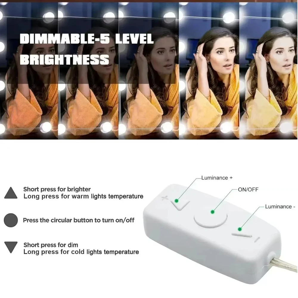 10 مصابيح إضاءة مرآة مكياج LED، مجموعة إضاءة زينة قابلة للتعتيم مع طاقة USB لطاولة تزيين هوليوود، ديكور الحمام وغرفة النوم #4