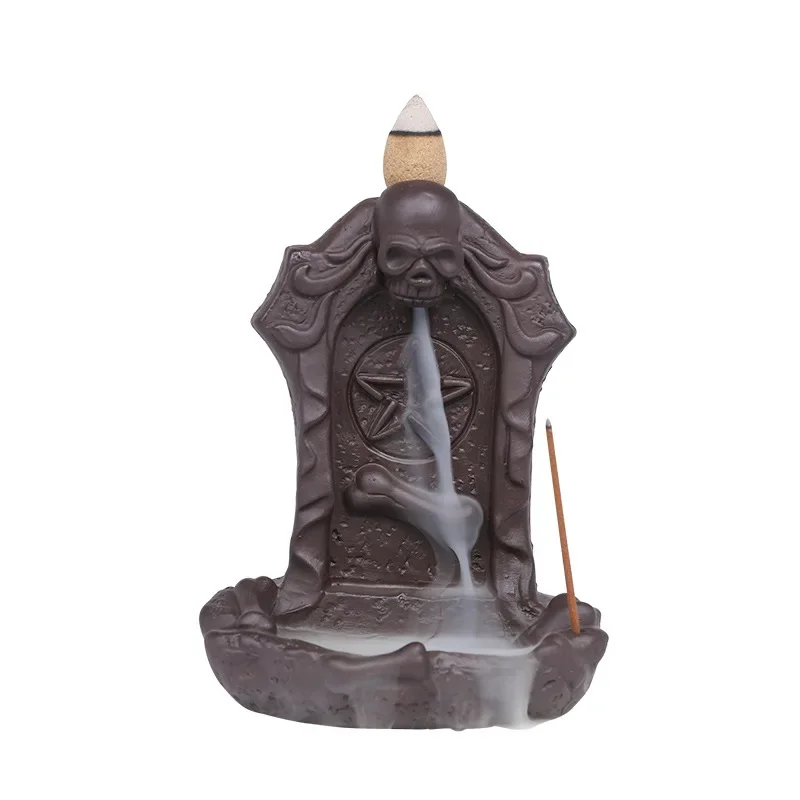 Creative Skull Purple Clay Waterfall Incense Burner Halloween Gifts Home Decor Incense Stick Holder Ceramic Censer Handicrafts