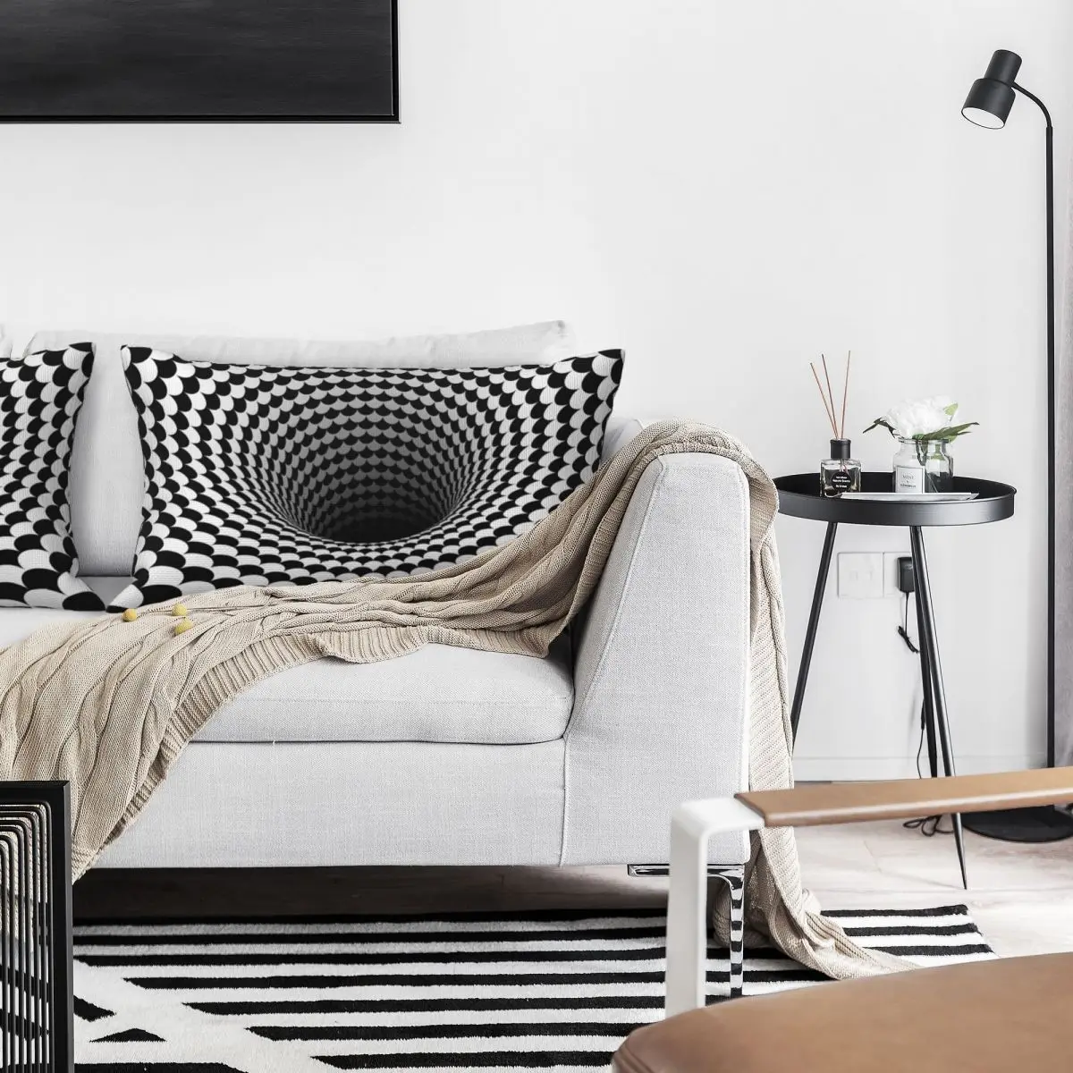 Optical Illusion Black And White Scales Houndstooth Black Hole Vortex Rectangle Linen Pillowcase Cushion Cover Home Comfort