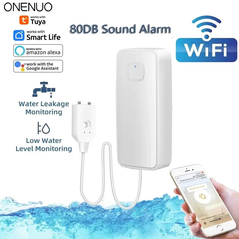 جهاز استشعار ذكي لتسرب المياه من Tuya WiFi ، كاشف مستوى التدفق الزائد ، نظام إنذار صوتي ، مستشعر تسرب الفيضانات ، جهاز مراقبة عن بعد ، 80dB