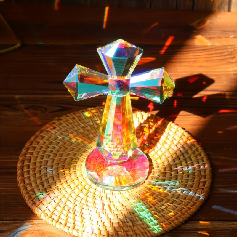 15cm Colorful Crystal Cross Decor Elegant Glass Art for Home Office Weddings, Timeless Beauty Perfect Birthday Christmas Gift