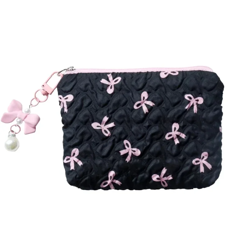 

Small Cosmetic Bag Mini Makeup Bag Pink Black Print Bow Women's Portable Lipstick Card Coin Case Sanitary Napkin Storage Bag
