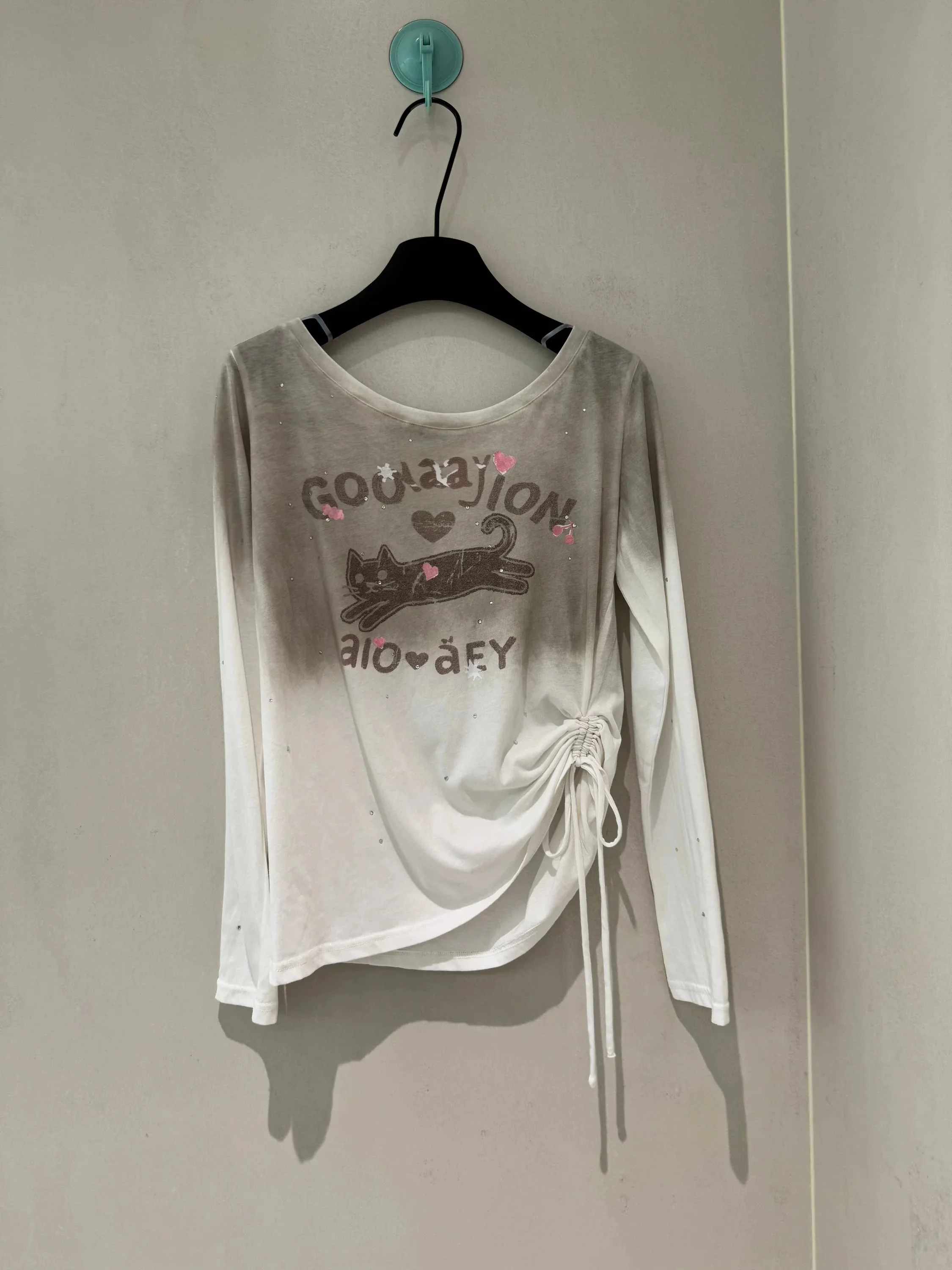Vintage Long Sleeve T-Shirt Women's Versatile Slimming  Print Drawstring Wrinkle Dirty Style Summer Fashion Trend Ladies' Top